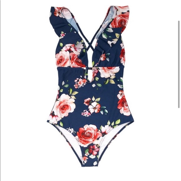 NWT CUPSHE Floral Ruffled Deep V-neck Navy Blue - Picture 3 of 7